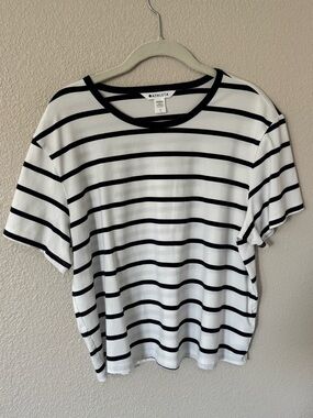 Athleta White Tee with Blue Horizontal Stripes